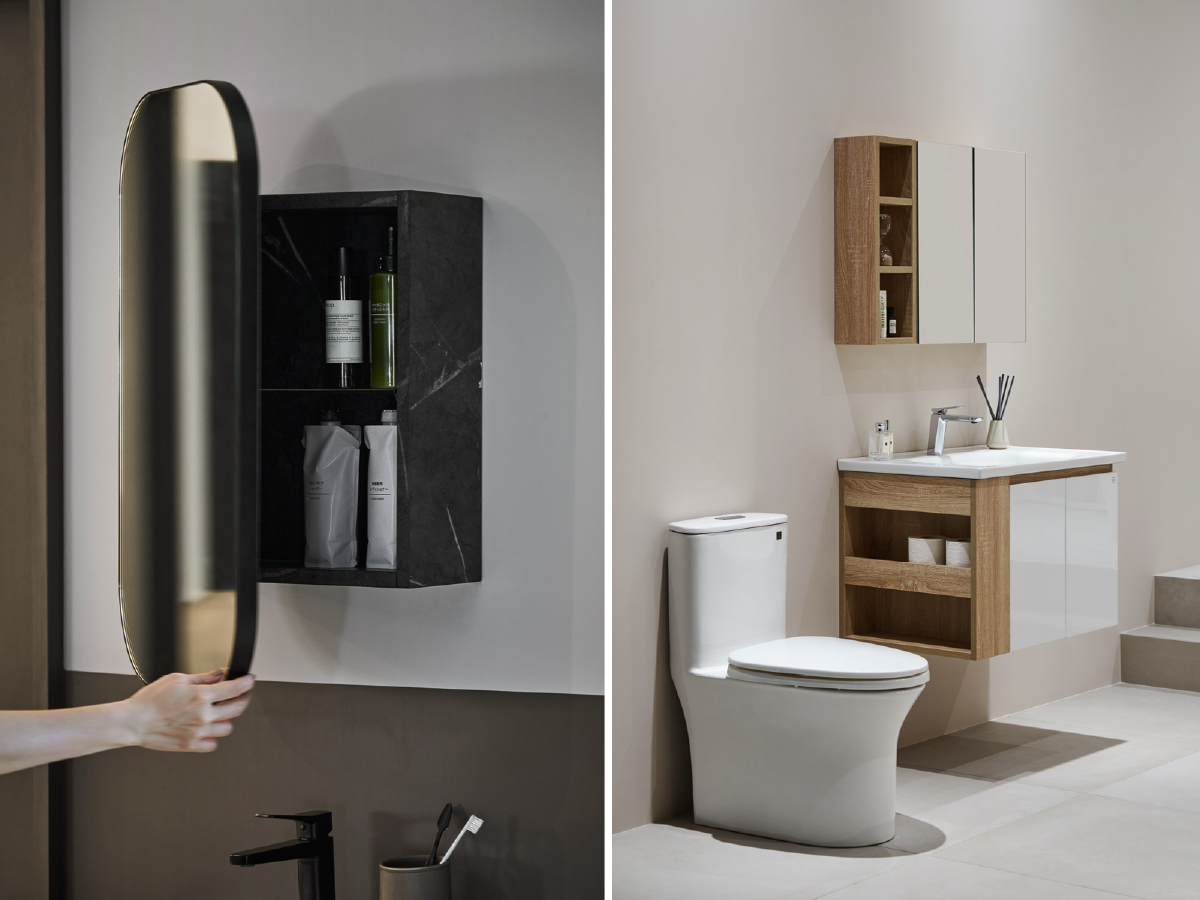 雙門鏡面收納櫃北美原橡紋理與紳士灰淋浴組